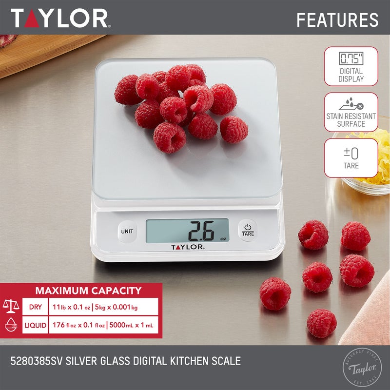 Taylor Glass Top Food Scale with Touch Controls, 11 lb Capacity, Sleek Silver Design, Accurate and Easy-to-Use Scale for Cooking and Baking - Image 3